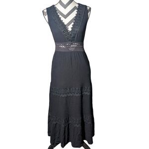 Justily M Black Crochet Lace Trim Maxi Dress